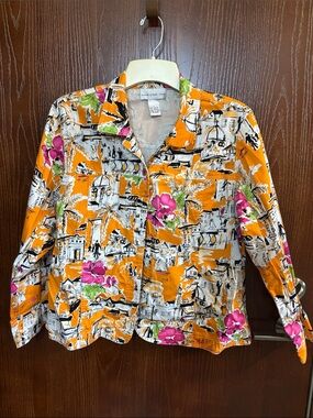 Susan Graver Orange Floral-Print Jacket Large EUC